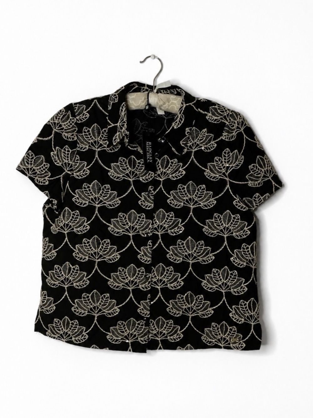 Badgley Mischka XL Embroidered Sequin Cotton Black Floral Blouse NWT